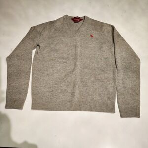 Abercrombie Fitch V Neck Sweater Small Gray Wool Blend Red Moose Logo Muscle Fit